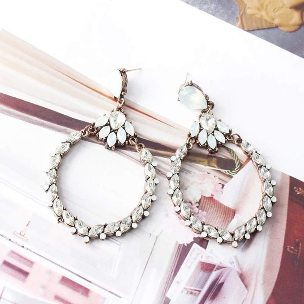 “Alana” light blue & clear glass crystal earrings / gold tone large elegant hoop - Picture 8 of 8
